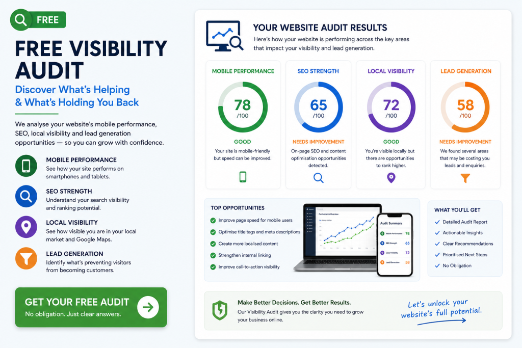 Mobile SEO visibility audit showing website performance scores