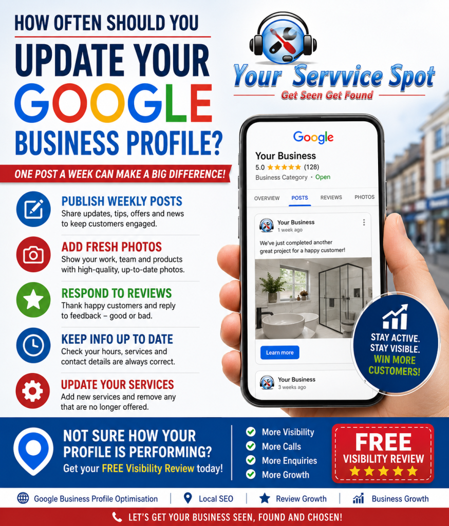 Business owner creating weekly Google Business Profile posts to improve local visibility
