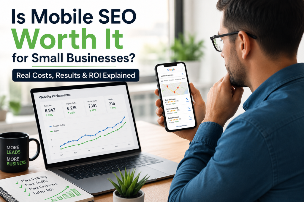 Small business owner reviewing mobile SEO results and website traffic growth