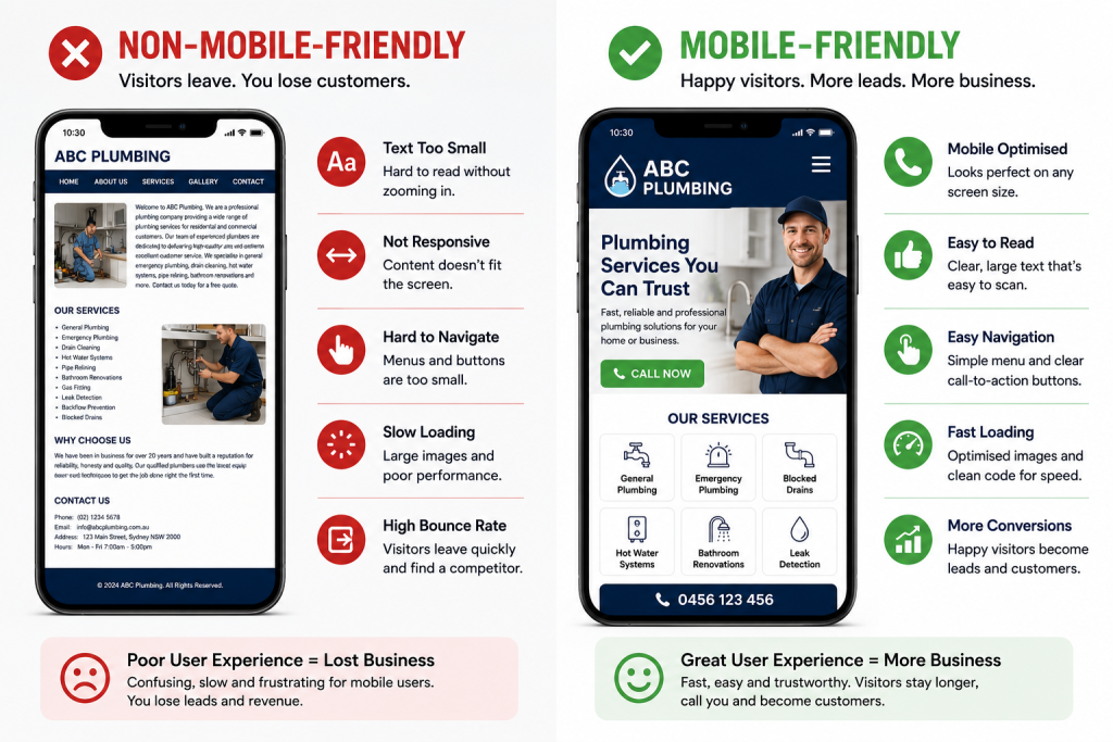 Mobile-friendly website compared with a non-mobile-friendly website