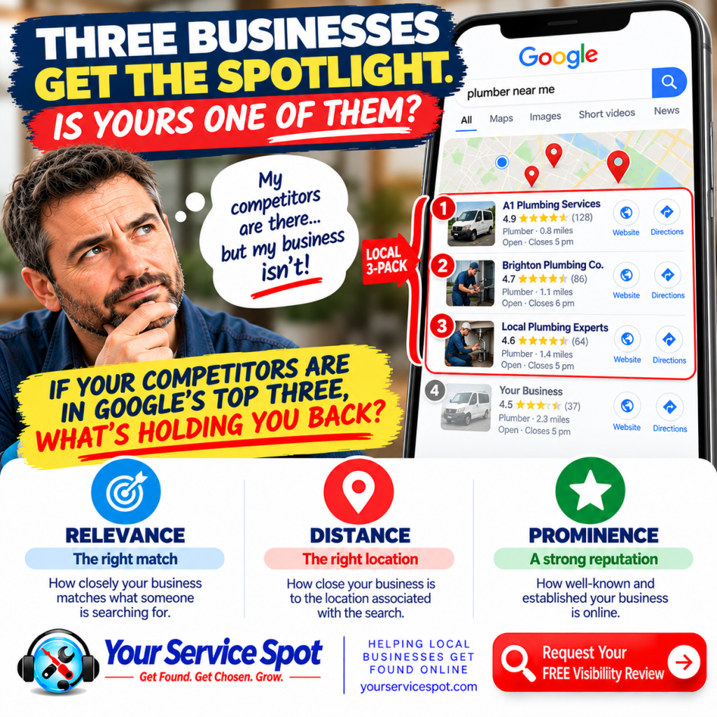 Google Local Pack showing three local business listings and factors affecting Google Maps ranking